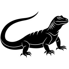 Stylized black silhouette of a komodo dragon lizard with detailed markings and a long tail