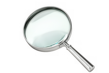 Magnifying glass illustration, silver frame, optical tool, zoom, search, examination, investigation, lens, science, isolated on transparent background