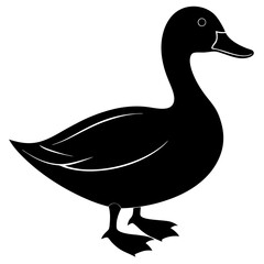 A simple black silhouette of a duck standing on its webbed feet against a white background