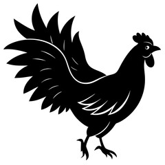 Stylized black silhouette of a proud rooster with a flowing tail and detailed feathers on a white background silhouette