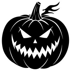 Spooky carved halloween pumpkin with a menacing face and stem detail black silhouette