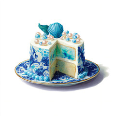 A lone watercolor radiant mermaid&rsquo;s pearl cake with blue swirl