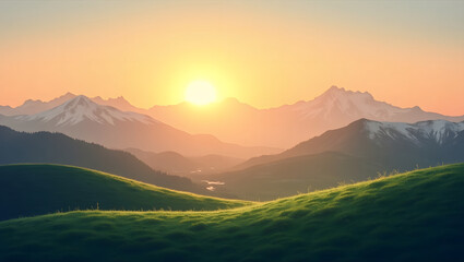 Fototapeta premium Sunset Green Hills Snow Mountains Background