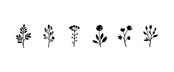 Stylized Floral Sprigs. Compact floral sprigs with filled flower heads and minimal leaves for decorative modern compositions.