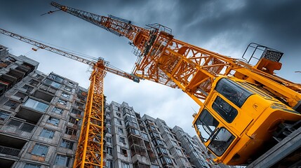 High-rise residential building under construction with tower crane against blue sky --chaos 100 