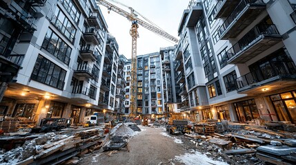 High-rise residential building under construction with tower crane against blue sky --chaos 100  