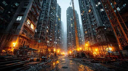 High-rise concrete building under construction with scaffolding, tower crane, and formwork systems --chaos 100 