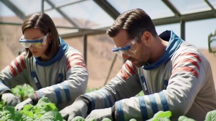 Two astronauts tending to plants in a greenhouse on a mars like planet - Powered by Adobe