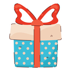 Cute Gift Box Icon in Hand Drawn Style Isolated on White Background. Present box with ribbon and polka dots, for Christmas, birthday, party, celebration