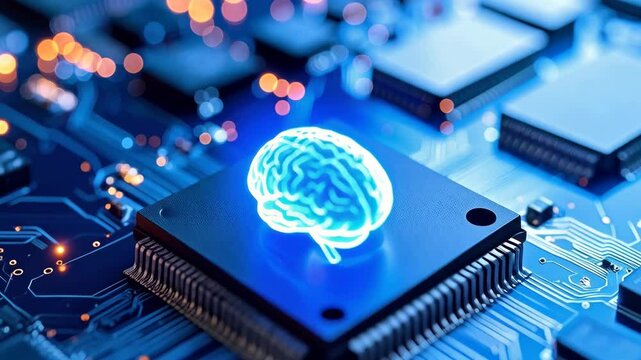 Electronic brain illustration on circuit board suggesting artificial intelligence and data processing capabilities - Powered by Adobe