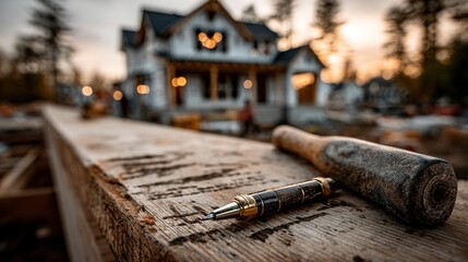 Home building design documents on construction site table with wood-frame house behind --chaos 100  