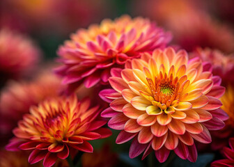 Close up of vibrant orange and pink dahlia flowers with soft focus background