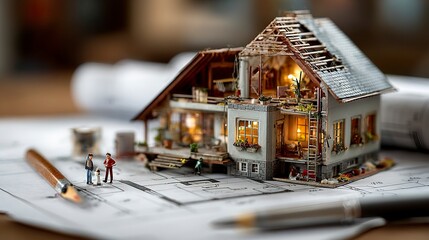 Home design and planning illustration with small figurines, partially built house, and architectural documents --chaos 100 