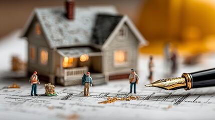 Home design and planning illustration with small figurines, partially built house, and architectural documents --chaos 100  