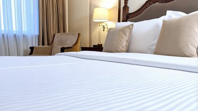 Large cockroach walking across a white hotel bed, focus on the insect and interior, emphasizing pest control or sanitation concerns