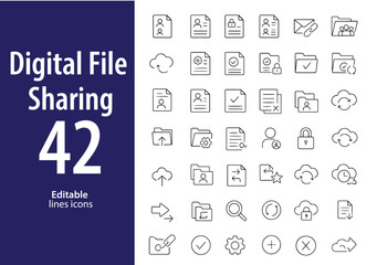 Digital File Sharing Line Icons, Upload, Download, Cloud Share, Link Access, Folder, Email Attachment, and More , Editable Formats: AI, EPS, JPG, PNG , Ideal for Both Digital and Print Use