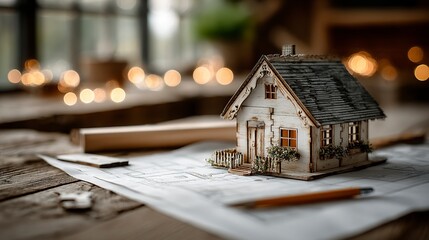 Homebuilding planning concept with architectural tools and miniature timber house on blueprint background --chaos 100 