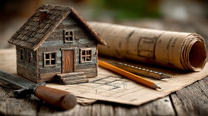 Homebuilding planning concept with architectural tools and miniature timber house on blueprint background --chaos 100  