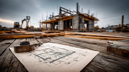 House construction site with detailed floor plan on paper and framing in progress --chaos 100  