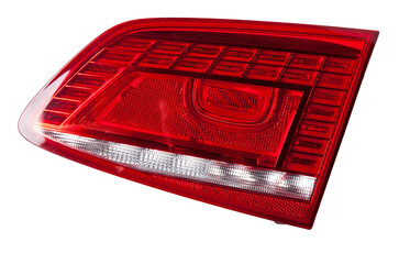 A taillight of a stop signal for a German auto - optical equipment of white and red color on a white isolated background. A spare part for repair and sale in a car service center.