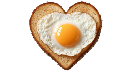Crispy toast with fried egg in heart shape romantic breakfast food concept for love and morning meal isolated on white background
