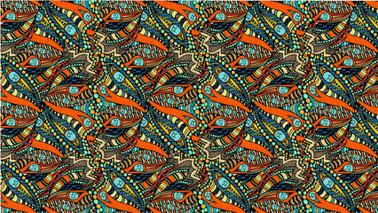 A vibrant and intricate pattern featuring orange, blue, and yellow elements with heart details inside