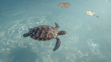 striped turtle swims in the calm, crystal-clear water, its shell glistening with subtle shades of brown and yellow, as the suns soft rays dance across its surface, casting a warm, golden glow