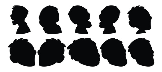 Profile Silhouettes of Ten Unique Heads, Hand-Drawn Character Outline Set in Black