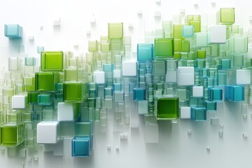 Abstract Cubes Modern Art 3D Rendering Geometric Shapes Green and Blue Blocks Minimalist Design