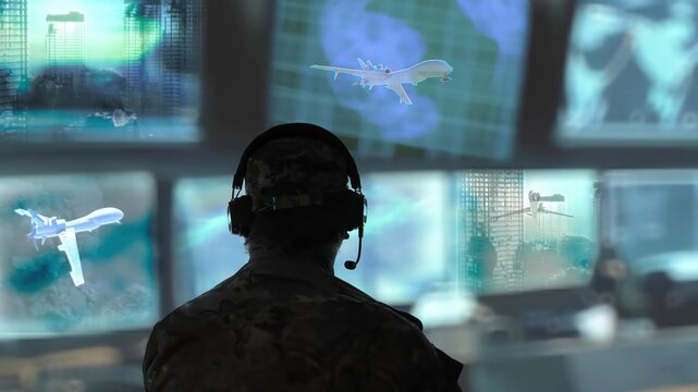 Military drone operator in the army call center with many blue monitors