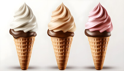Three ice cream cones with vanilla, strawberry, and chocolate scoops on transparent background