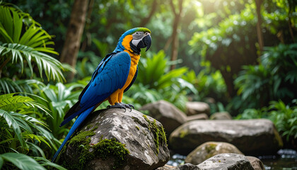 Obraz premium Vibrant Parrot in Lush Rainforest: A stunning blue and gold parrot perched on a moss-covered rock within a vibrant green rainforest, sunlight filtering through the dense canopy.