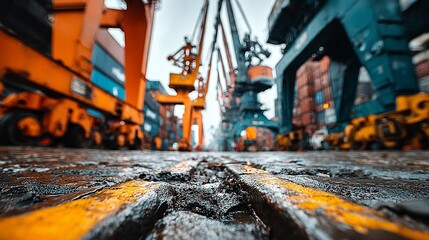 Industrial construction site landscape with tire tracks in sand, cranes, and an orange excavator --chaos 100  
