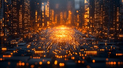 Quantum processor with glowing circuits and hacker s reflection