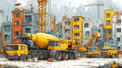 Industrial construction scene showcasing teamwork, engineering, and machinery in a modern city expansion --chaos 100  