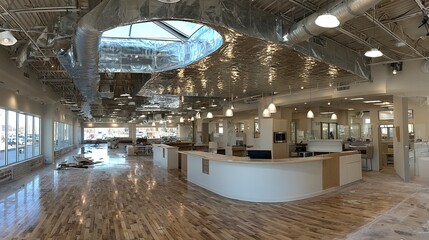 Interior view of commercial building under construction with exposed metal framing and HVAC ducts --chaos 100  