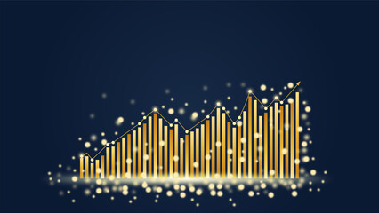 Abstract glowing gold bar chart and line graph with an upward arrow on a dark blue background. Symbolizes financial success, business growth, stock market analysis, and positive investment returns.