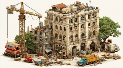 Isometric illustration of a multi-story building under construction with realistic crane and building materials --chaos 100  