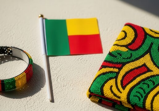 Benin Independence Day celebration flat lay with beaded accessories and flag design