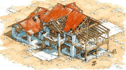 Isometric view of home build process showing structural details of roof trusses and wall framing --chaos 100 