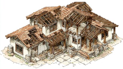Isometric view of home build process showing structural details of roof trusses and wall framing --chaos 100  