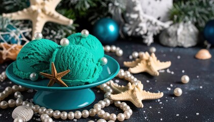 Vibrant teal ice cream scoops garnished with pearls and starfish on a decorative plate, surrounded by seashells and festive elements