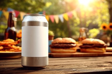 soda can mockup on picnic table surrounded by paper flags and grilled burgers sunlit backyard BBQ scene condensation on can blank silver label area 
