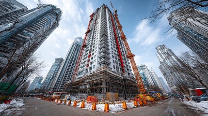 Large commercial building under construction with steel scaffolding and tower crane in bright sunlight --chaos 100 