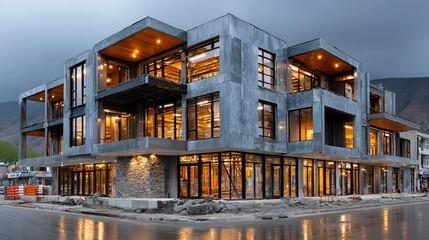 Large multi-story framework of a building project with open metal beams and urban background --chaos 100 