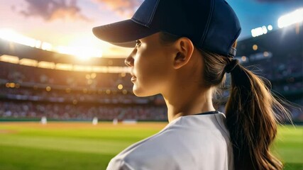 Female baseball player with ponytail wearing cap looking out over the green field and crowd at stadium during golden hour sunset. - Powered by Adobe