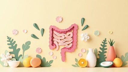 Forma de intestino recortada en papel con detalles intrincados y textura en capas, rodeada de varios probióticos e íconos alimentarios