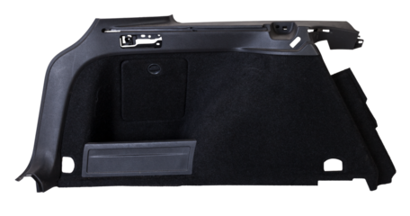 Sheathing of a car body part - trunk made of gray fabric on a white isolated background in a photo studio for replacement or sale in a workshop.