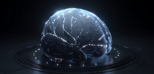 Illuminated brain model resting on a circular platform against a dark background in a studio setting