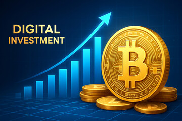 Digital investment growth graph with bitcoin coin